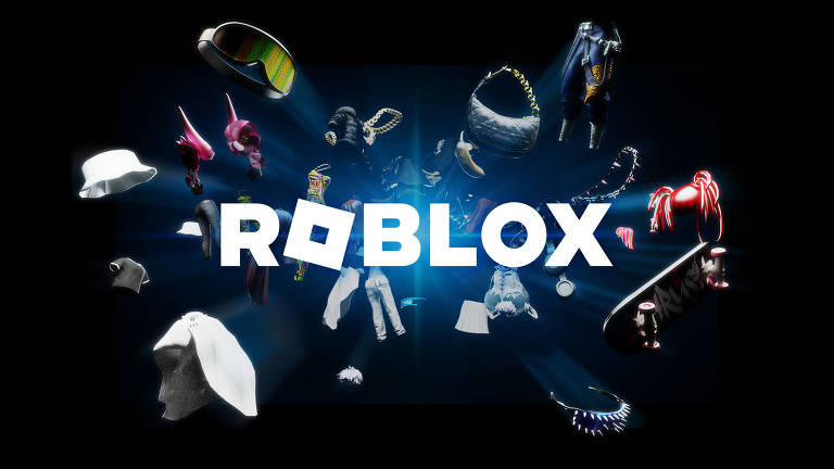 A imagem apresenta o logotipo do Roblox em letras brancas, centralizado em um fundo escuro. Ao redor do logotipo, há uma variedade de acessórios e itens, como chapéus, óculos e roupas, flutuando em um espaço tridimensional, com efeitos de luz que destacam os objetos.