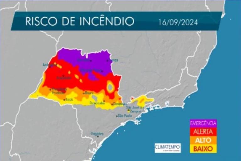 São Paulo tem 3 focos de incêndio nesta segunda (16), diz Defesa Civil