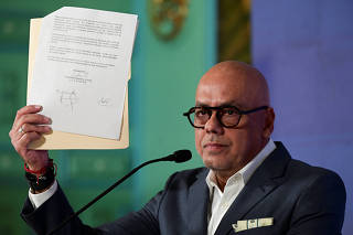 Venezuela's National Assembly President Jorge Rodriguez speaks during a press conference in caracas