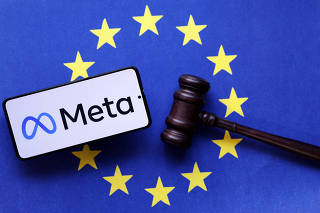 Illustration shows Meta logo, EU flag and Judge gavel