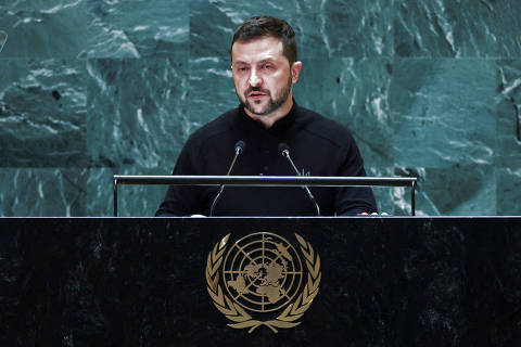 Ukraine's President Volodymyr Zelenskiy addresses the 79th United Nations General Assembly at U.N. headquarters in New York, U.S., September 25, 2024.  REUTERS/Mike Segar ORG XMIT: LIVE