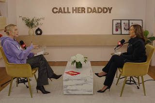 Democratic presidential nominee and U.S. Vice President Kamala Harris speaks on Call Her Daddy podcast