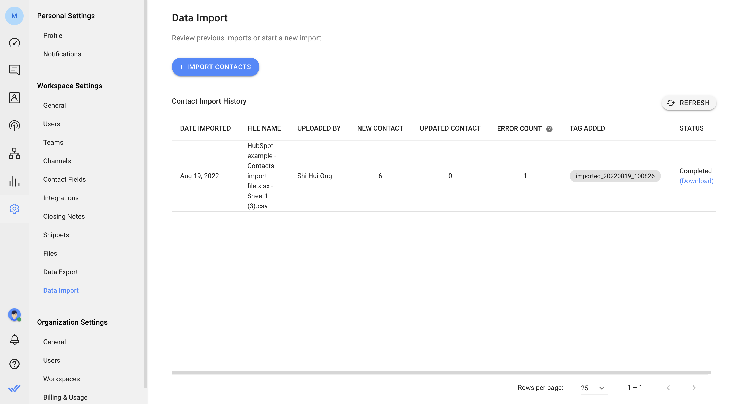 screenshot of data import settings in workspace setttings