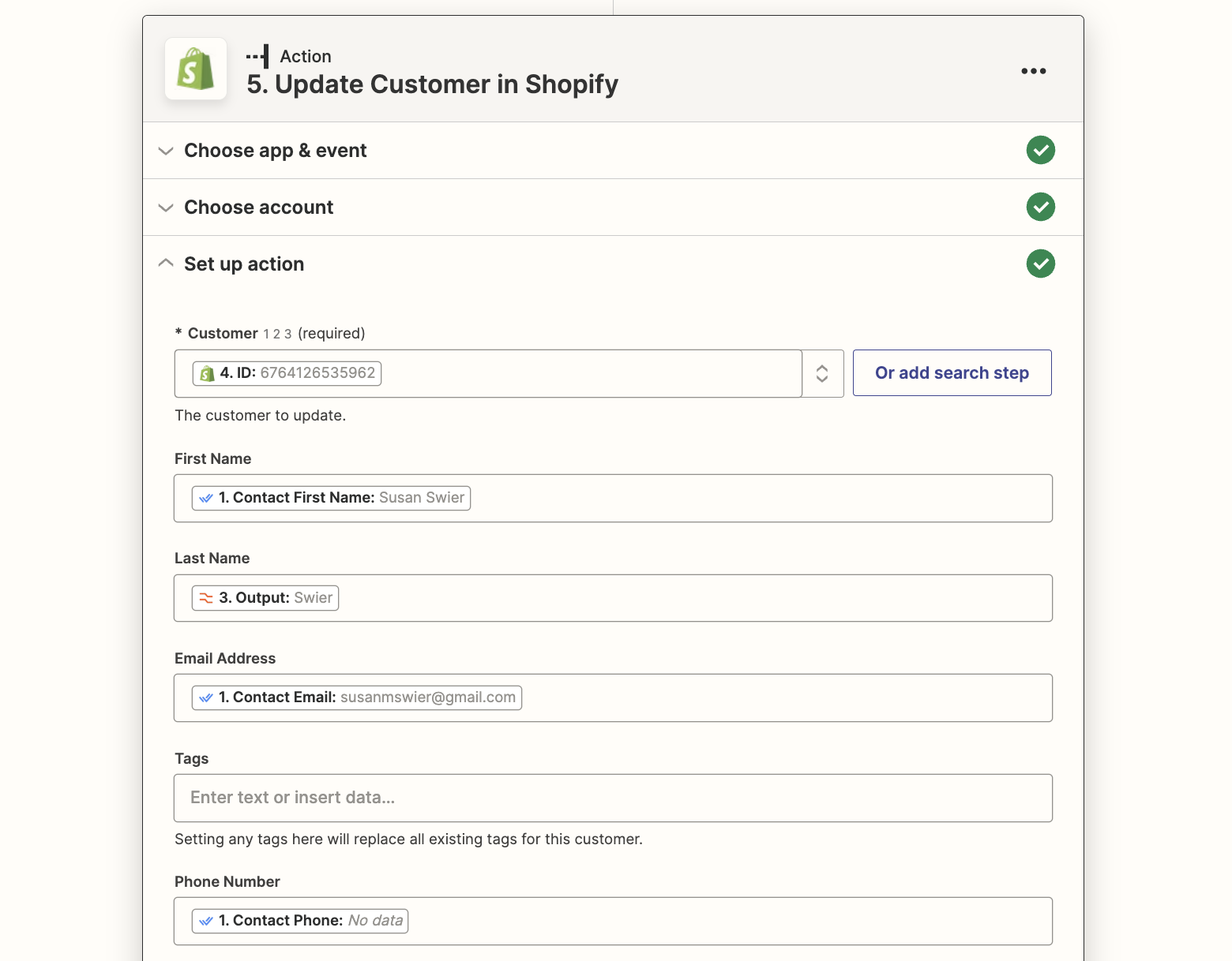 screenshot of update customer in Shopify step