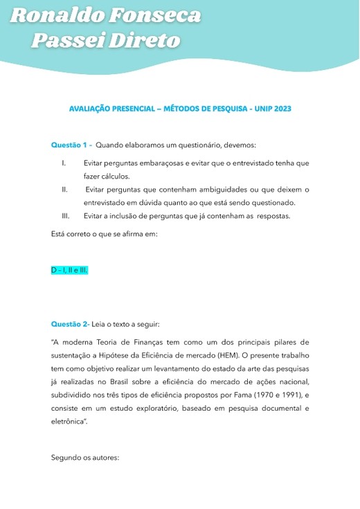 AVALIAÇÃO PRESENCIAL MÉTODOS DE PESQUISA - UNIP 2023