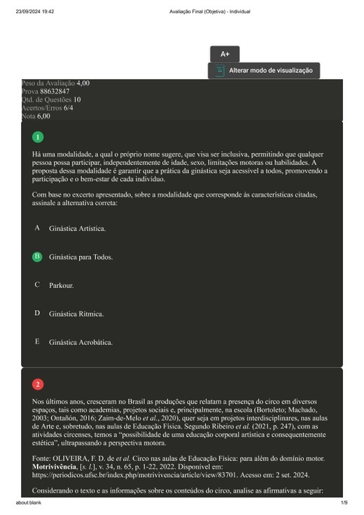Teoria e Metodologia da Ginástica - Avaliação Final (Objetiva) - Individual