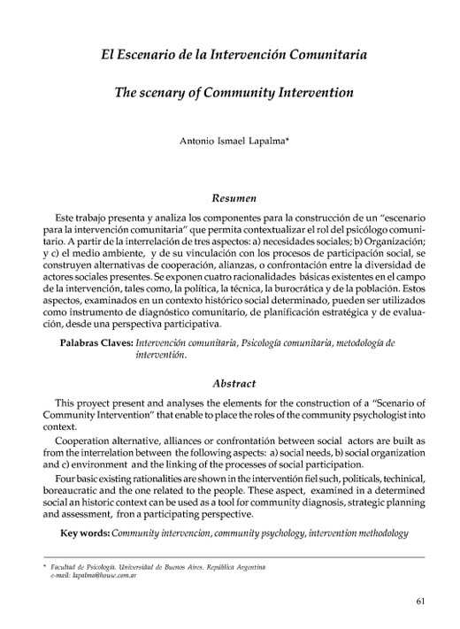 El escenario de la Intervención Comunitaria p 61-70 Revista de Psicología Universidad de Chile Vol X N2