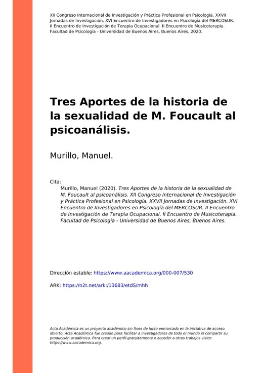 Murillo, Manuel (2020) Tres Aportes de la historia de la sexualidad de M Foucault al psicoanálisis