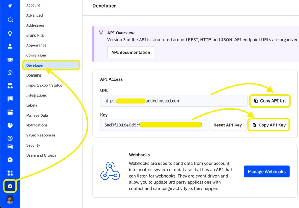 ActiveCampaign developer settings showing API URL and key used for Fluent Forms integration setup.