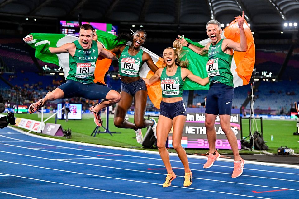 Ireland 4x400m relay team, from left, Chris O'Donnell, Rhasidat Adeleke, Sharlene Mawdsley and Thomas Barr celebrate after winning the Mixed 4x400m Relay final during the 2024 European Athletics Championships at the Stadio Olimpico in Rome, Italy. Photo by Sam Barnes/Sportsfile