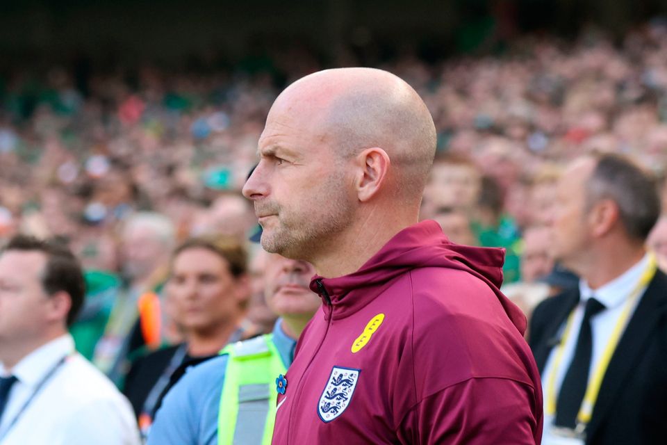 England interim manager Lee Carsley stands for 'God Save the King' ahead of Ireland v England at Aviva Stadium on Saturday. Photo: PA