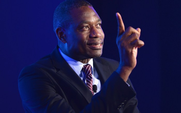 Dikembe Mutombo speaks onstage at the 2014 Concordia Summit - Day 1 at Grand Hyatt New York on September 29, 2014 in New York City.