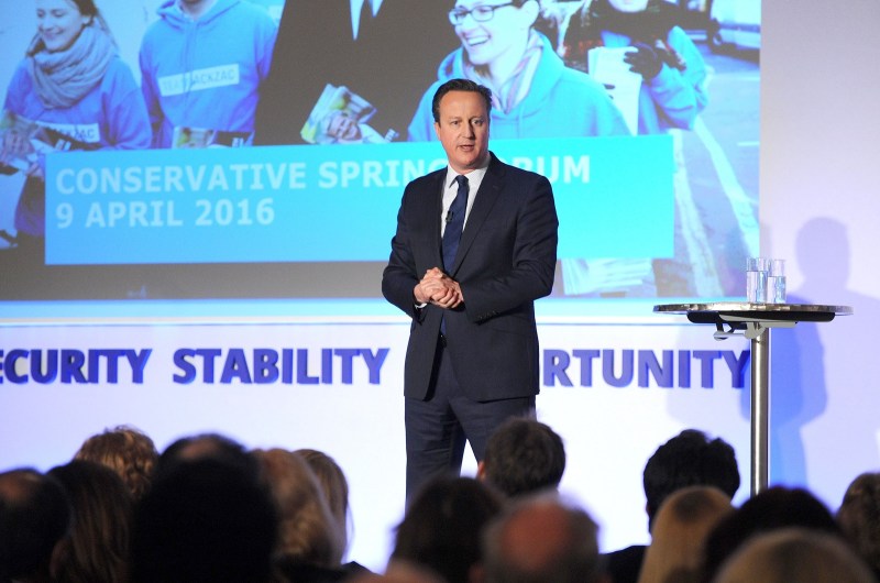 British Prime Minister David Cameron speaking during the Conservative Party Spring Forum on April 9, 2014 in London, United Kingdom.   (Photo by Kerry Davies - WPA Pool/Getty Images)