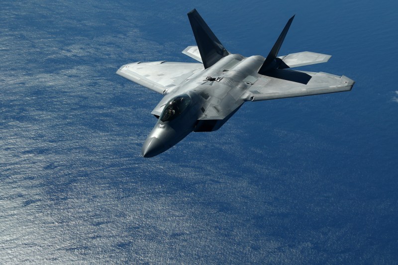 The F-22 Raptor after refuelling from the KC-10 Extender off the Queensland coast on July 17, 2019 in Brisbane, Australia.