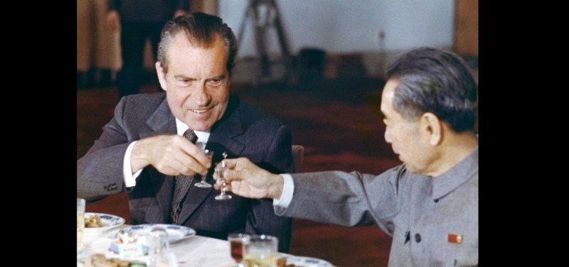 Then-U.S. President Richard Nixon (left) toasts with then-Chinese Premier Zhou Enlai in 1972.