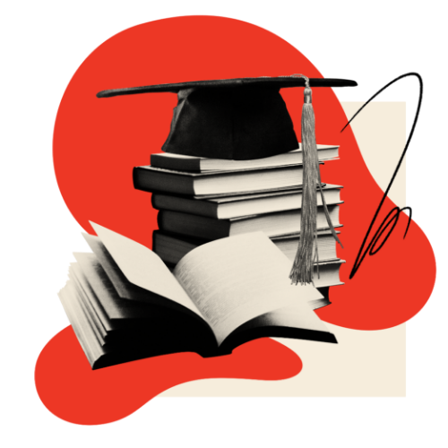 Illustration of a graduation cap sitting on top of stack of books