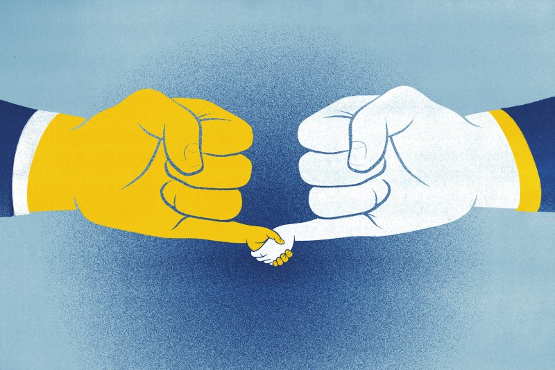 An illustration shows two large hands with pinky fingers — and their own tiny hand tips — extended in a small handshake for a story about minilateral alliances.