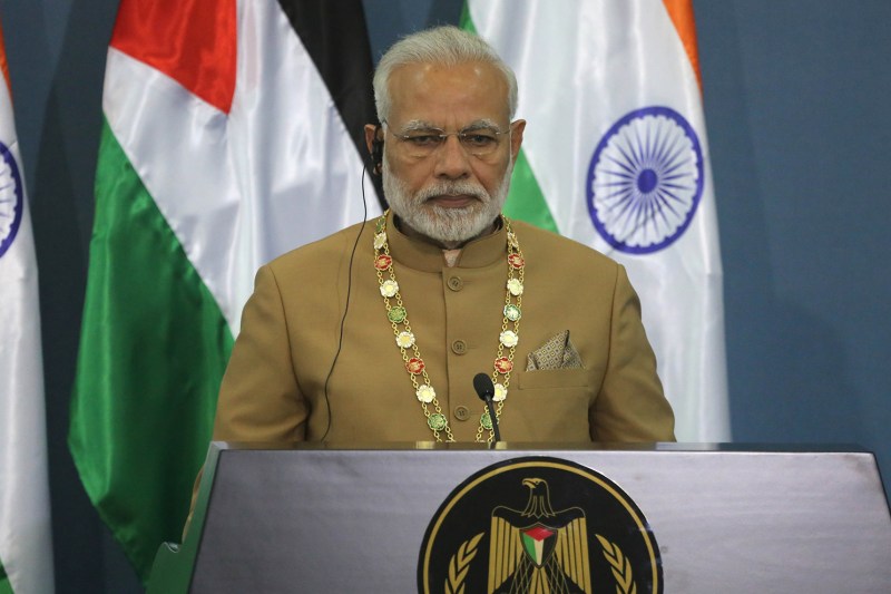 Indian Prime Minister Narendra Modi holds a news conference with Palestinian President Mahmoud Abbas (not seen) following their meeting in Ramallah, West Bank.