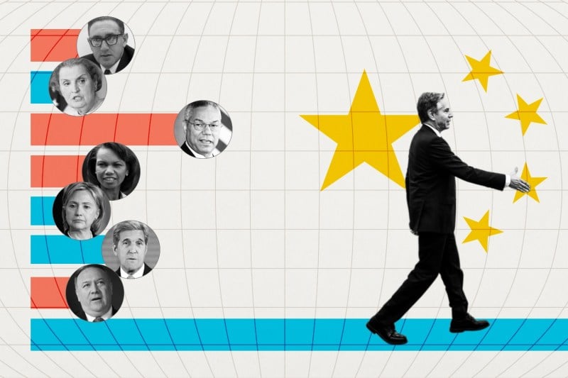 A chart illustration shows past secretaries of state on shorter blue and red lines with a walking, full-body Antony Blinken on the longest line with his hand outstretched to shake with President Xi Jinping (not seen).