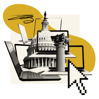Illustration with the US Capitol building, a laptop, a computer mouse pointer, and geometric shapes