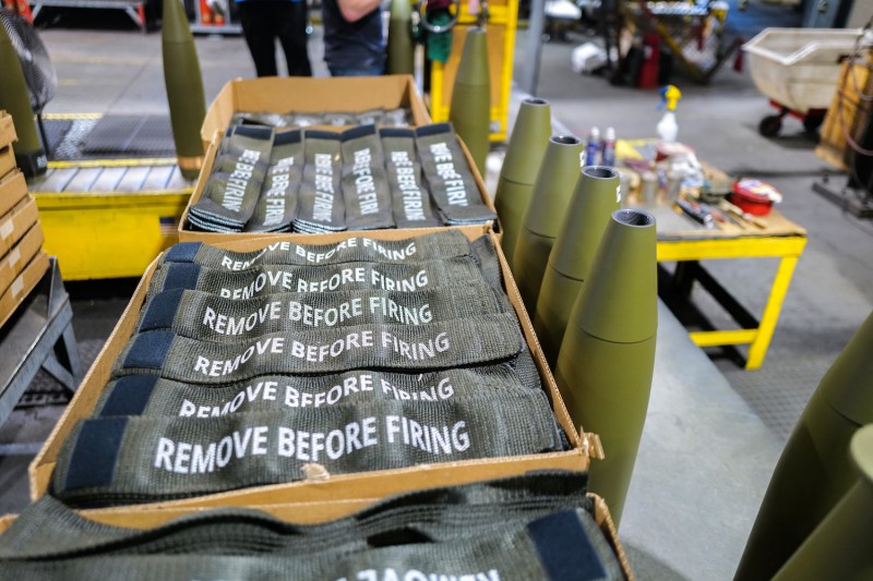 Bands that wrap the bottom of artillery shells made for the U.S. military and used by Ukraine in its war against Russia are pictured at the Scranton Army Ammunition Plant in Scranton, Pennsylvania, on April 16.