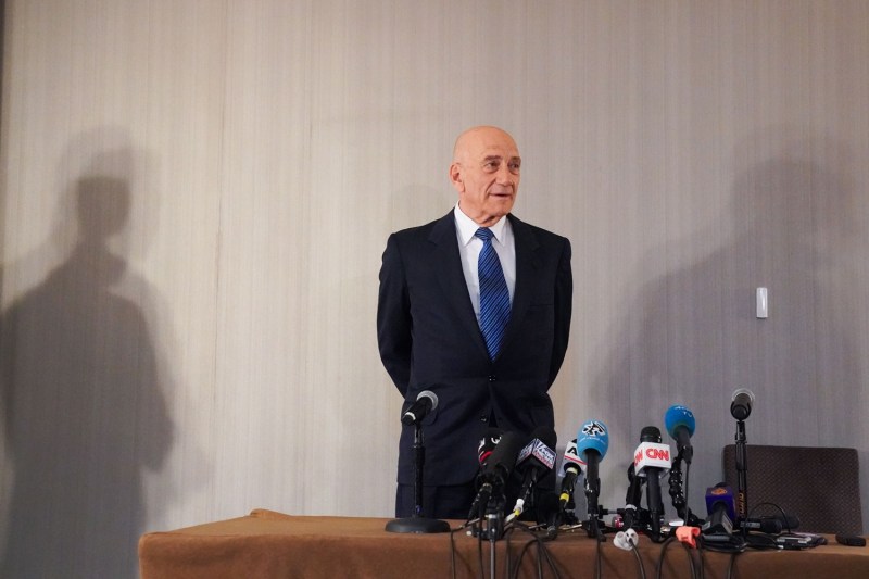 Former Israeli Prime Minister Ehud Olmert speaks in New York.