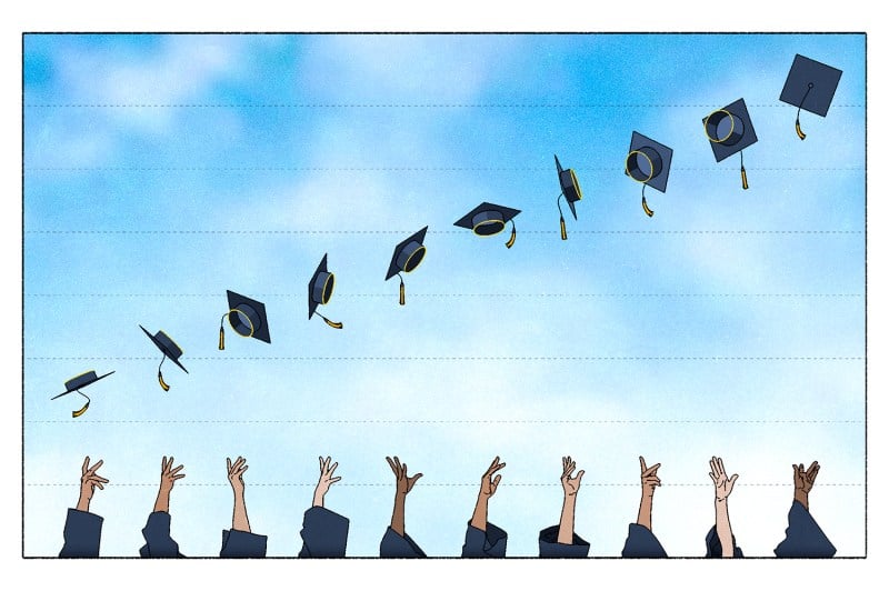 An illustration of hands tossing graduation caps into the air against a blue sky and lines of a chart for a ranking of international relations schools.