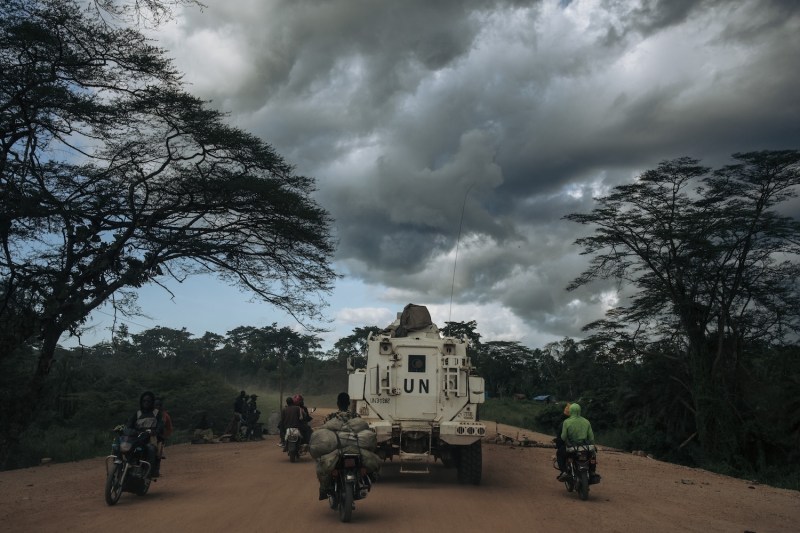 A U.N. armored vehicle drives along the Beni-Kasindi road, stronghold of the ADF (Allied Democratic Forces, an armed group originally from Uganda that pledged allegiance to ISIS in 2019 and operates in eastern DRC), on May 9 in Beni territory, North Kivu province, eastern Democratic Republic of Congo.