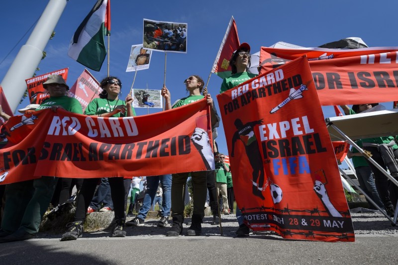 Demonstrators call for FIFA to expel Israel  on May 28, 2015 in Zurich, Switzerland.