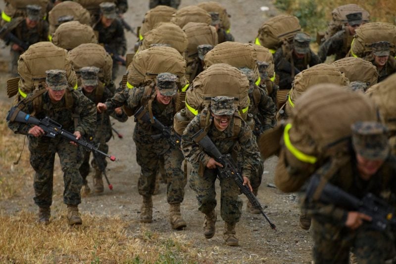 U.S. Marine Corps recruits from Lima Company complete a 10-mile hike at Camp Pendleton, near San Diego, California, on April 22, 2021.