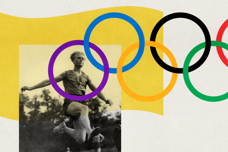 A photos illustration of athlete Zdenek Koubek superimposed on an intersex pride flag among the olympic rings.