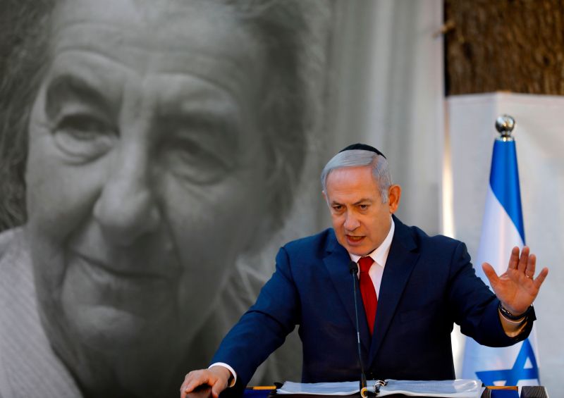 Israeli Prime Minister Benjamin Netanyahu speaks during a state memorial ceremony for his late predecessor Golda Meir at Mount Herzl in Jerusalem on November 18, 2018.