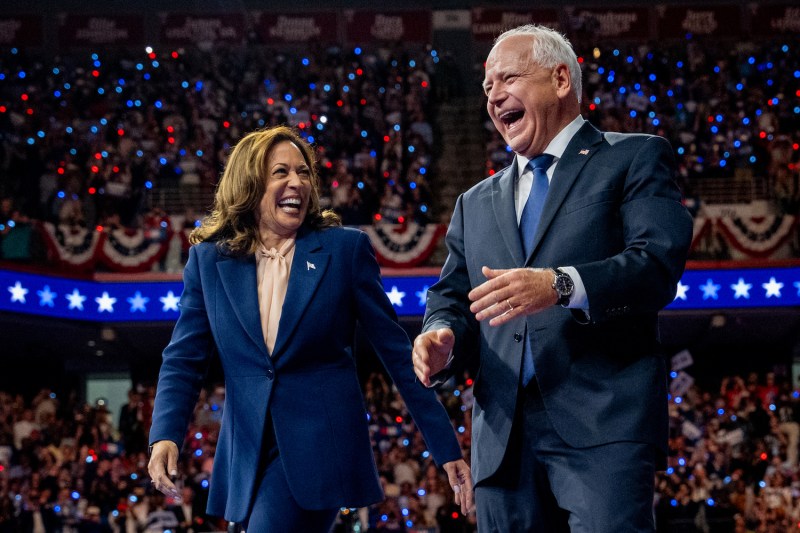 U.S. Vice President Kamala Harris, the Democratic presidential candidate, and her vice presidential nominee, Minnesota Gov. Tim Walz, appear on stage together during a campaign event in Philadelphia on Aug. 6.