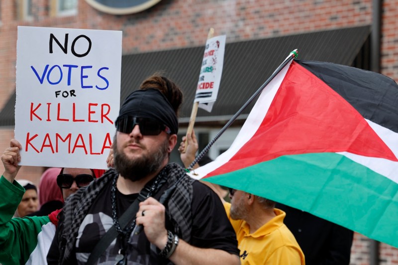 Pro-Palestinian demonstrators gather outside of the Arab American National Museum in Dearborn, Michigan, on Aug. 11.