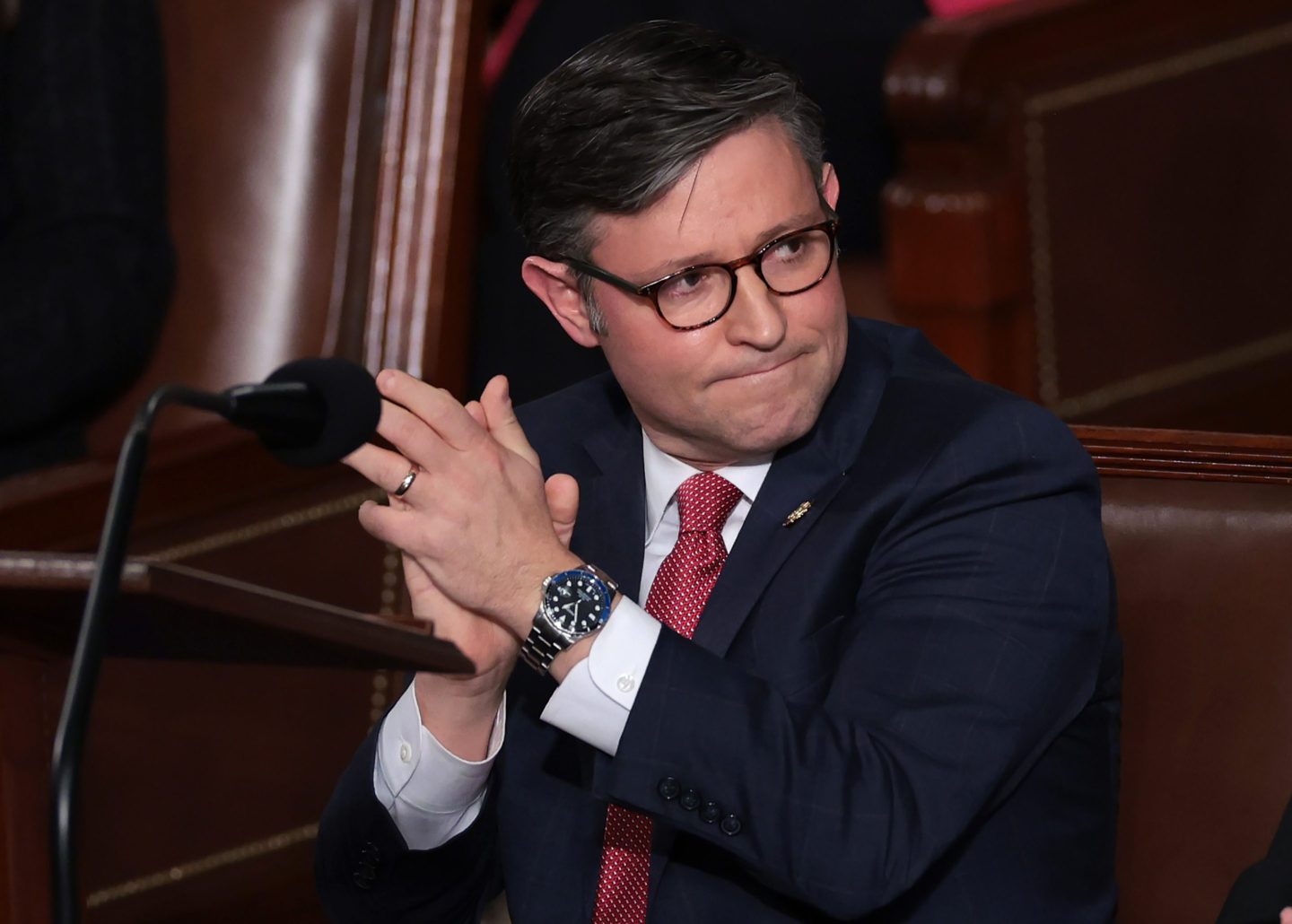 WASHINGTON, DC &#8211; OCTOBER 25: U.S. Rep. Mike Johnson (R-LA) applauds alongside fellow lawmakers as the House of Representatives holds an election for a new Speaker of the House at the U.S. Capitol on October 25, 2023 in Washington, DC. After a contentious nominating period that has seen four candidates over a three-week period, the House GOP conference selected Johnson as their most recent nominee to succeed former Speaker Kevin McCarthy (R-CA), who was ousted on October 4 in a move led by a small group of conservative members of his own party.  (Photo by Win McNamee/Getty Images)