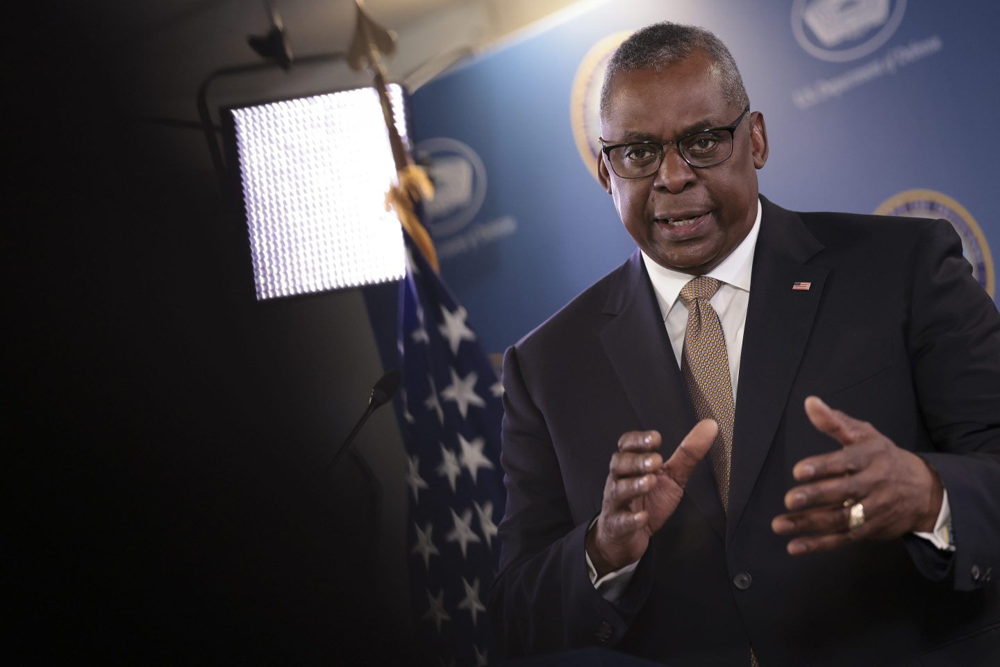 ARLINGTON, VIRGINIA &#8211; MAY 25: U.S. Defense Secretary Lloyd Austin speaks during a news conference at the Pentagon May 25, 2023 in Arlington, Virginia. Austin and Army Gen. Mark Milley, chairman of the Joint Chiefs of Staff, briefed members of the press following an online session of the Ukraine Defense Contact Group. (Photo by Win McNamee/Getty Images)