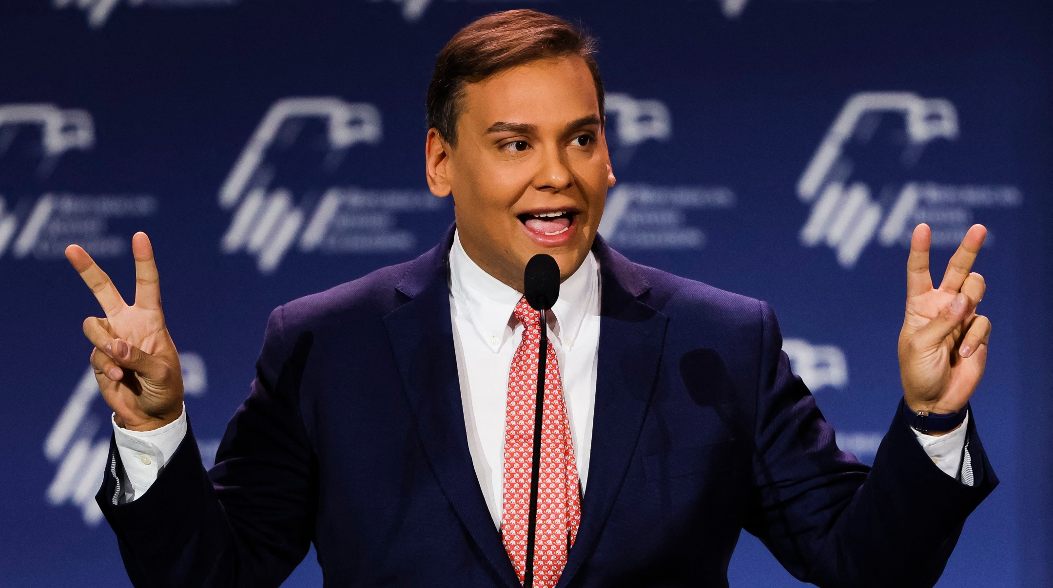 U.S. Representative-elect George Santos, a New York Republican, speaks at the Republican Jewish Coalition Annual Leadership Meeting in Las Vegas, Nov. 19, 2022. (Wade Vandervort / AFP/via Getty Images)