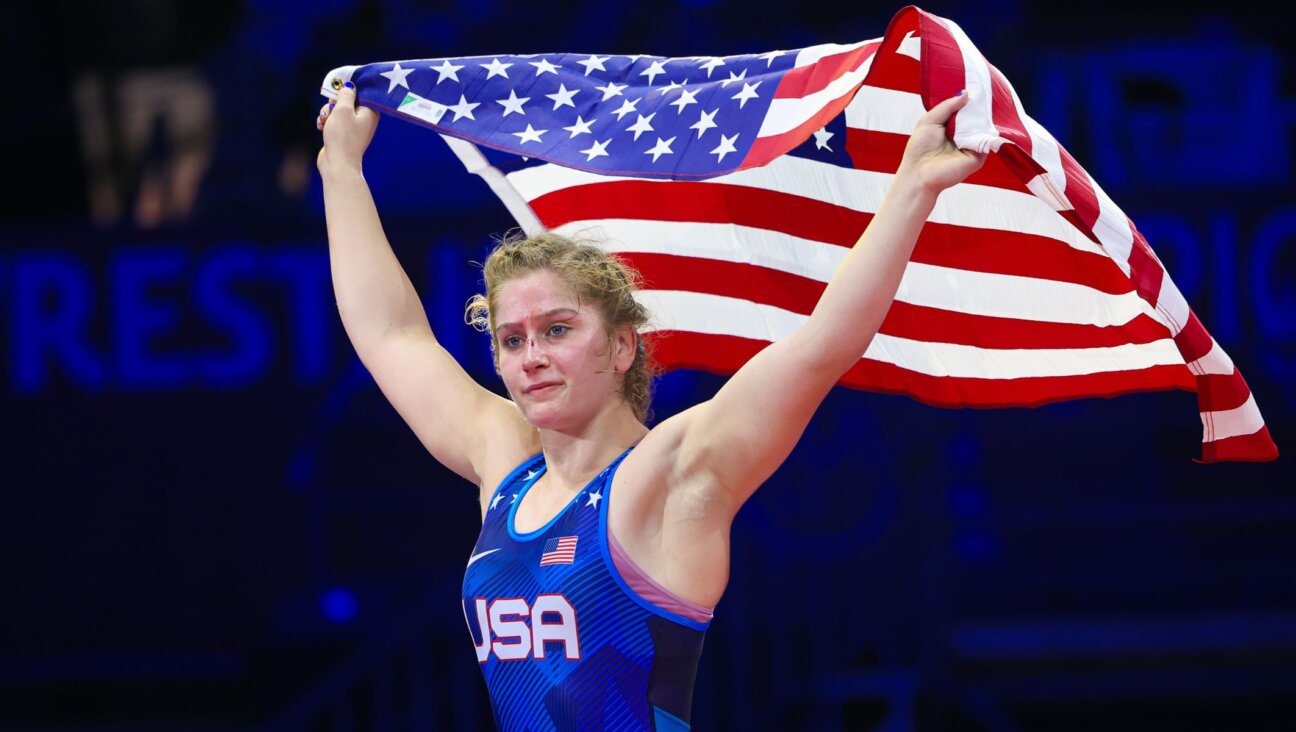 Amit Elor celebrates during the bronze medal match of the Wrestling Senior World Championships, Sept. 21, 2023, in Belgrade, Serbia. (Kadir Caliskan – United World Wrestling/Getty Images)