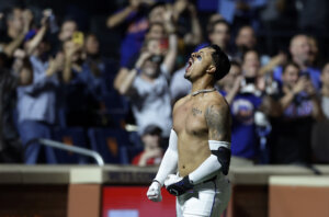 Mark Vientos of the New York Mets celebrates his game winning two-run home run.