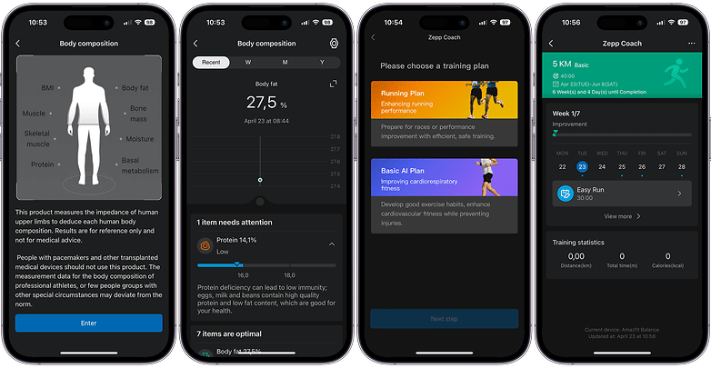 Screenshot of Zepp Health app showing body composition metrics, including BMI, body fat, and muscle with attention needed on protein levels.