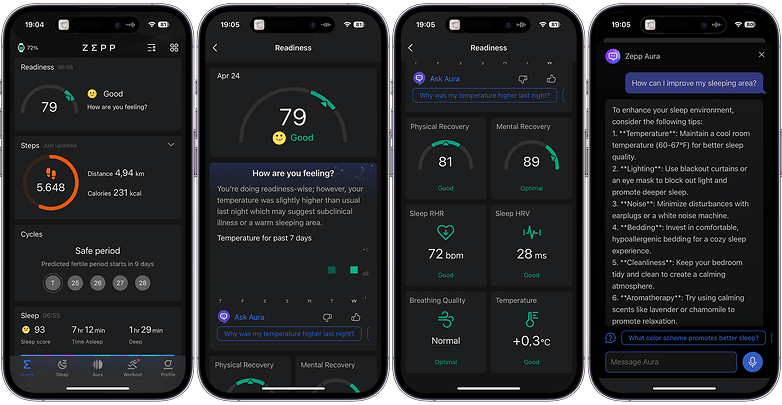 Screenshot of the Zepp Health app's readiness and daily steps tracker, including a 'Good' readiness score and step count.