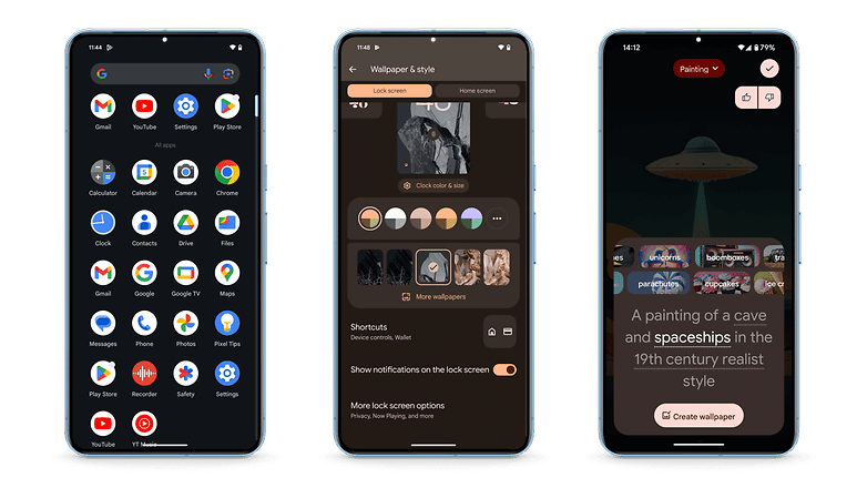 Captures d'écran du Google Pixel 8 Pro montrant le menu de création de fonds d'écran