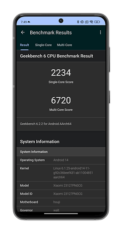 Capture d'écran des scores obtenus par le Xiaomi 14 sur les benchmarks 3DMark et Geekbench 6