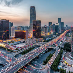 Beijing central business district buildings and highways bird's eye view. 
