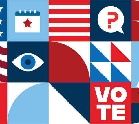 Grid of election-related icons in red, white, and blue