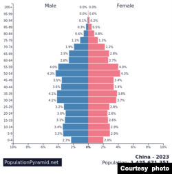 2023年中国人口柱状图。(图片来自PopulationPyramid.net)