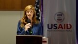 (FILE) USAID Administrator Samantha Power, speaks during a media conference in Colombo, Sri Lanka, Sunday, Sept. 11, 2022.
