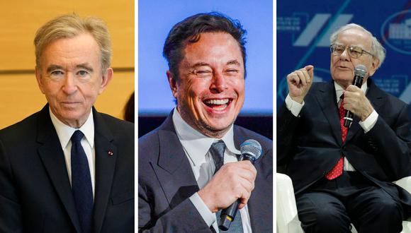 Composición gráfica de Elon Musk, Bernard Arnault y Warren Buffett. (Foto: Composición con imágenes de AFP)