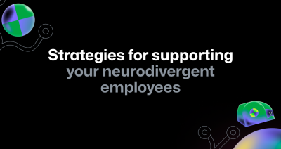 A landscape image with a simple dark background featuring two security-themed shapes in the top left and bottom right corners. The foreground text is centered and reads "Strategies for supporting your neurodivergent employees."