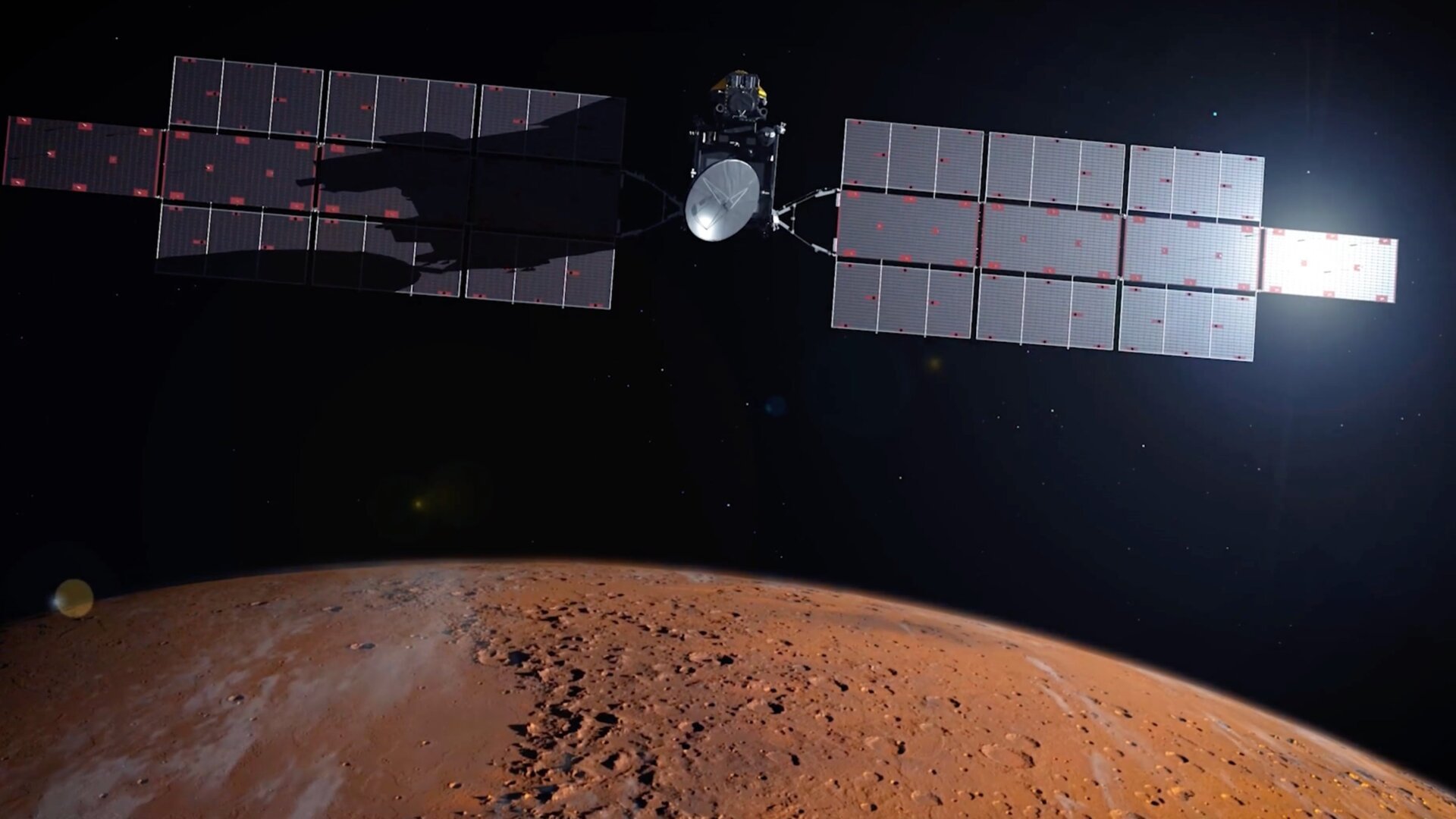 An artist’s conception of the Earth Return Orbiter (part of the Mars Sample Return mission) over Mars.